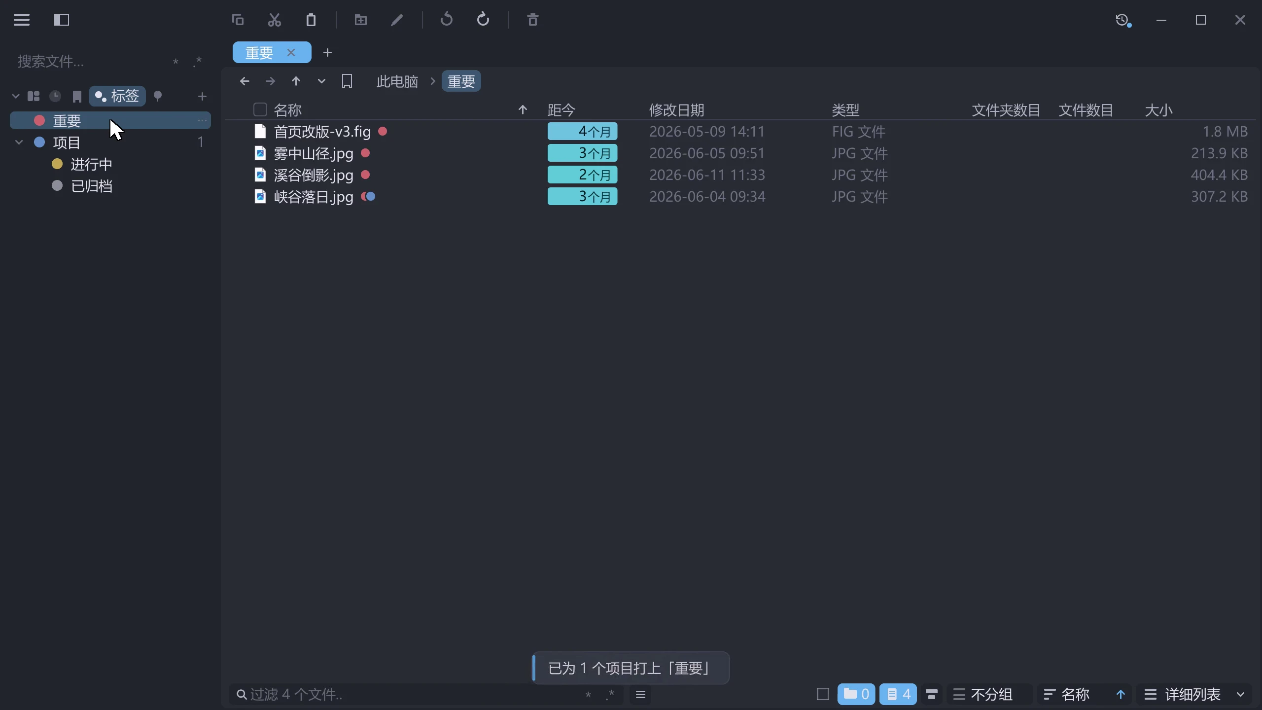 右键菜单里给文件打标签，可选重要、项目、进行中、已归档；侧栏按标签聚合，列表里的文件跟着显示彩色圆点